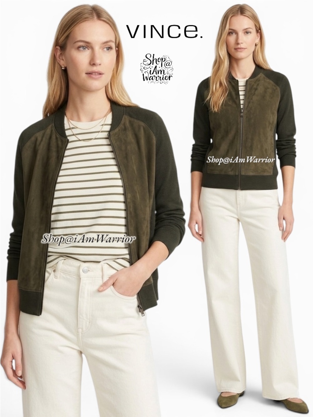 VINCE Olive Suede Front Zip Cardigan | Merino Wool Knit Jacket *shop@iamwarrior